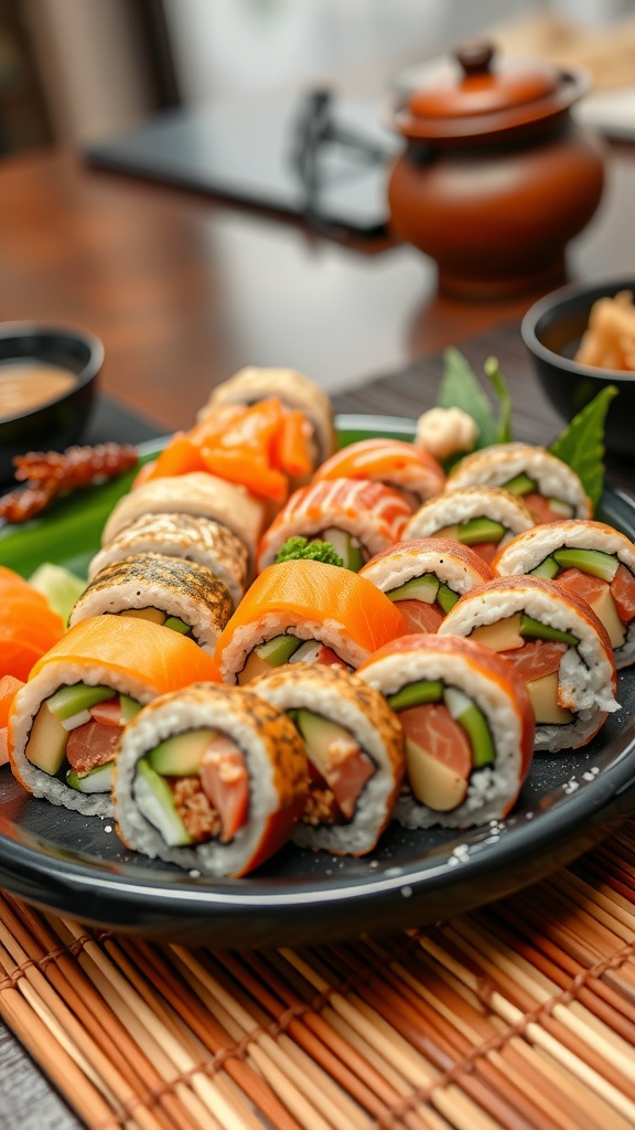 A platter of colorful sushi rolls with fresh fish, cucumber, and avocado on a bamboo mat.